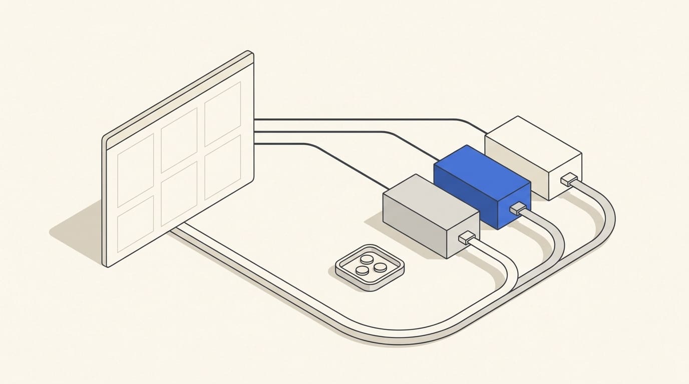 A store connected to three payment modules beside coins and a return route.