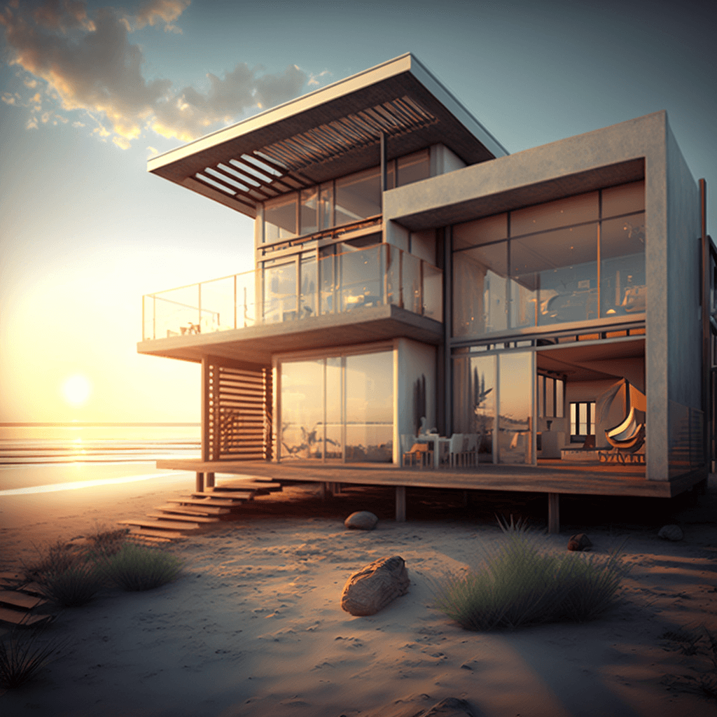 A beautiful, sunset-lit rendering of a beachfront property, created with V-Ray and SketchUp