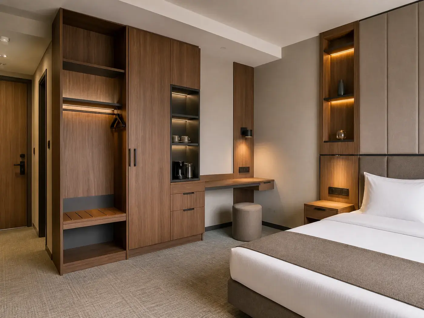 Комплект мебели для гостиничного номера ROOM со шкафом, багажницей, мини-баром, столом и прикроватной панелью