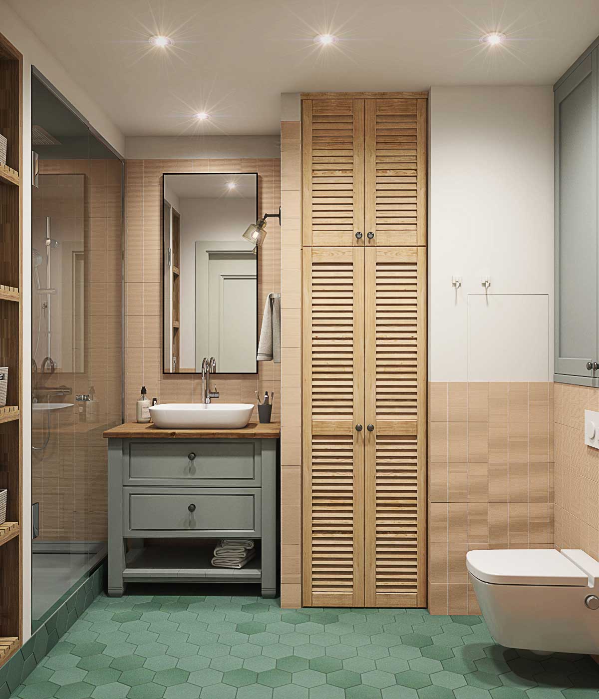 Ванная с душевой, серая тумба под накладную раковину. Колона для стиральной и сушильной машины. Песочная персиковая настенная плитка, зеленая гексагон плитка на пол. 