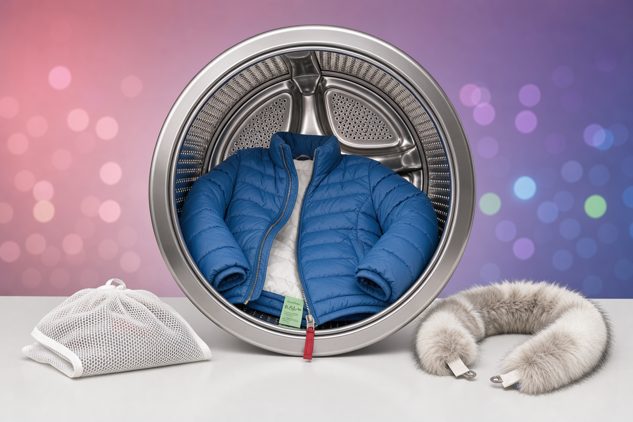 A washing machine drum with one down jacket inside, opened zipper and removed fur collar lying beside it, focused on careful preparation