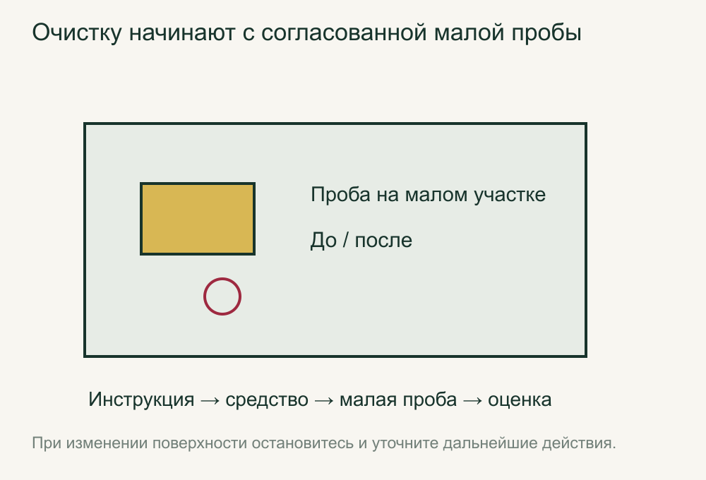 Инструкция, согласованное средство, малая проба и оценка поверхности