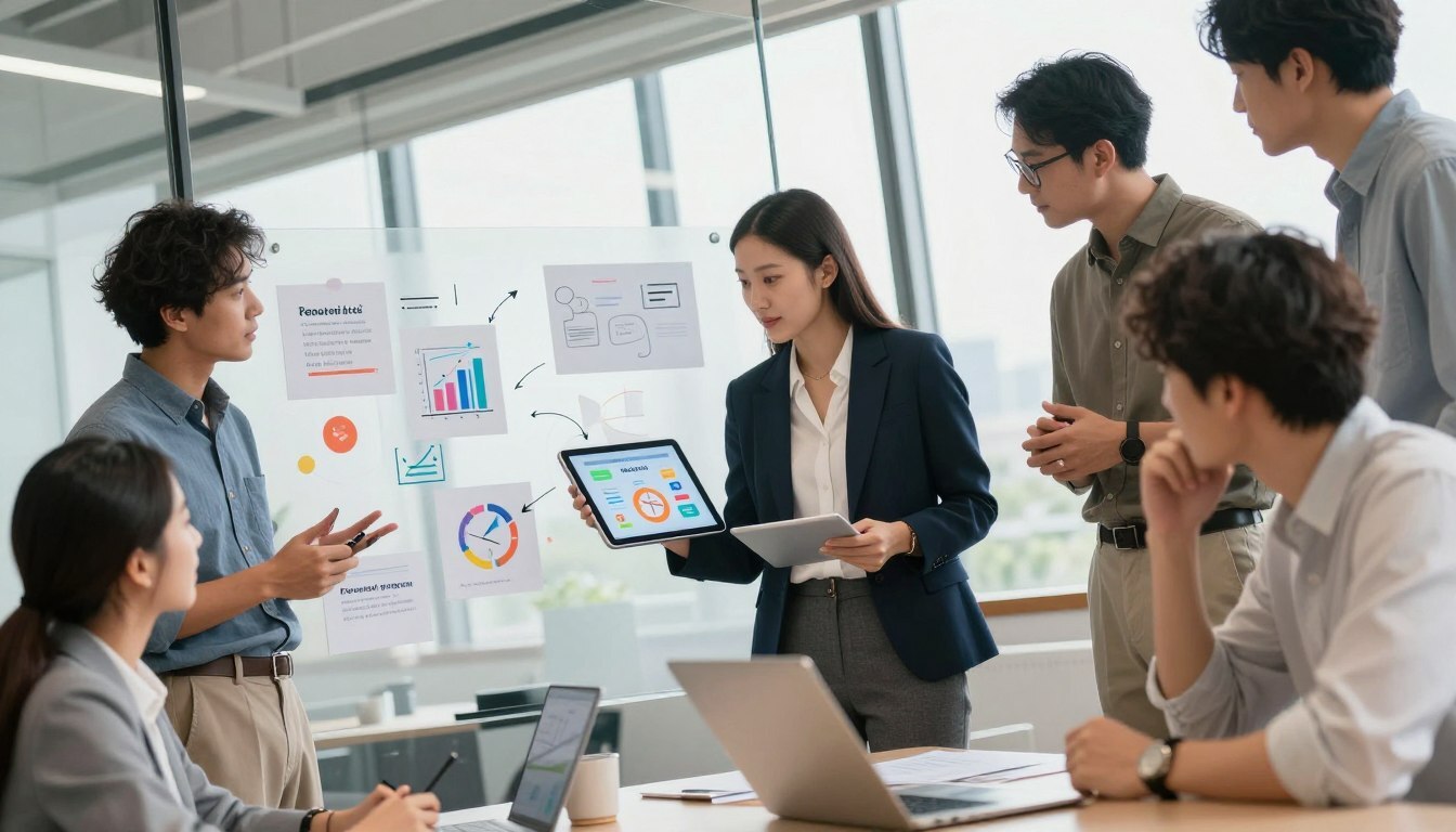 Un moderno espacio de oficina que presenta a un grupo diverso de profesionales que intercambian ideas para promover un programa de recomendaciones.