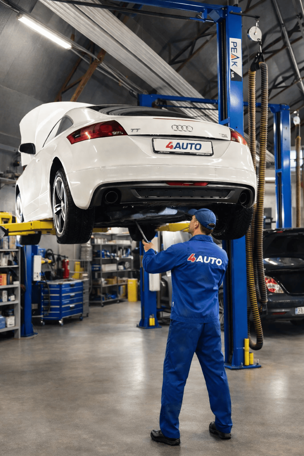 Механик автосервиса 4AUTO выполняет диагностику подвески Audi TT на подъёмнике