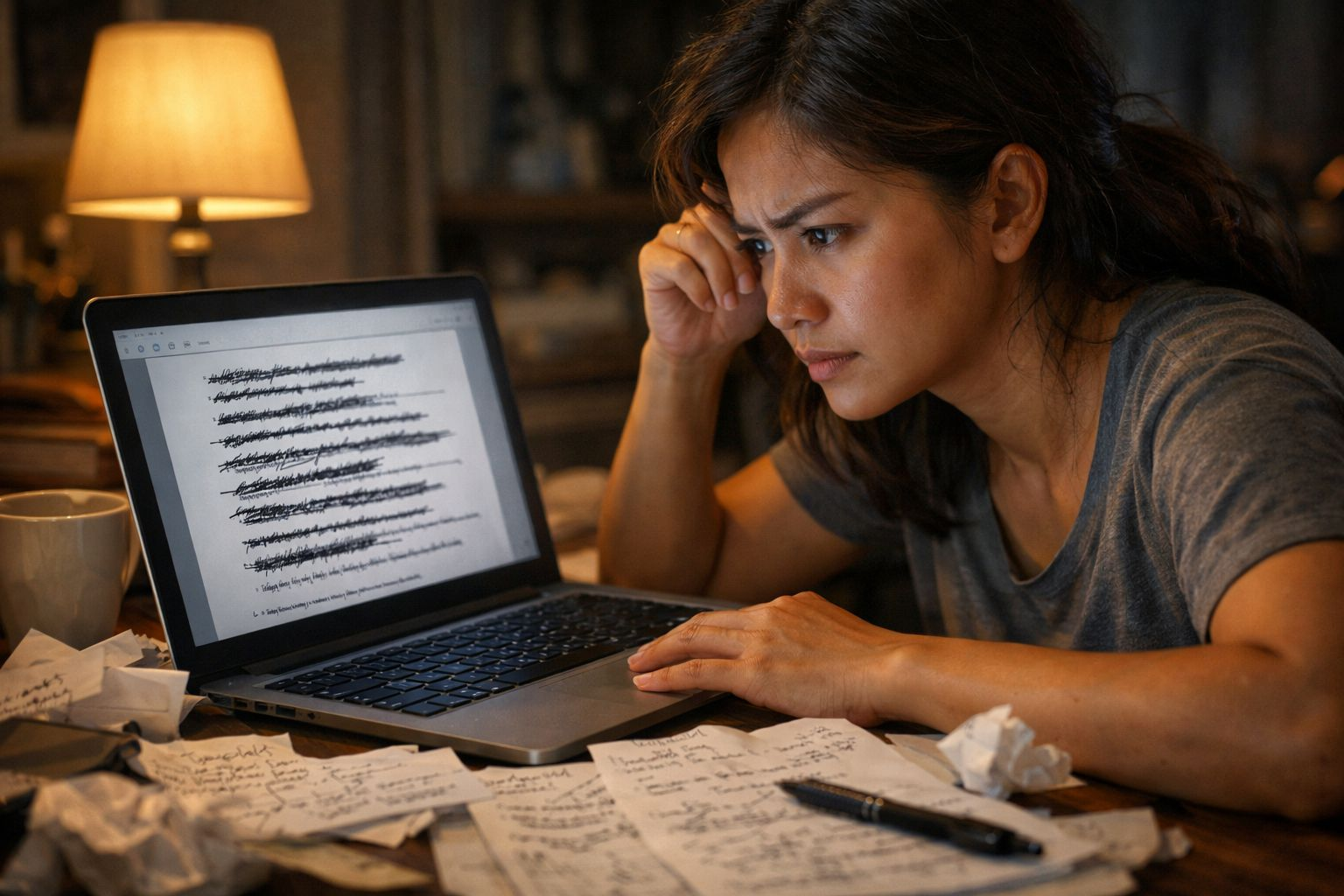 Wanita fokus menatap laptop dengan naskah penuh coretan, menggambarkan perfeksionisme, revisi berlebihan, dan sulit mulai karena takut hasil tidak sempurna.