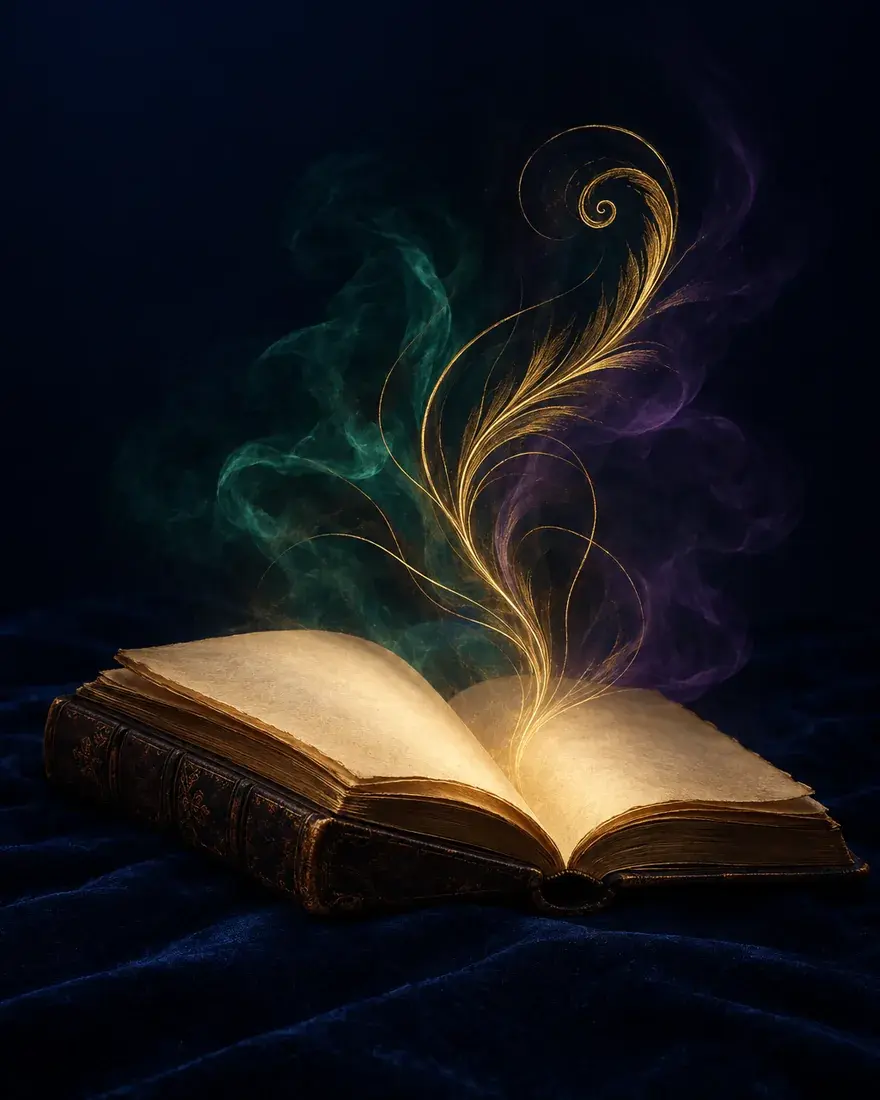 Старинная раскрытая книга, из страниц поднимается золотой дым