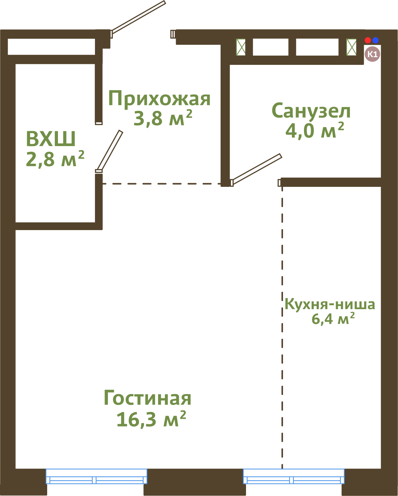 Планировка 1-комнатной квартиры 33,30 м²