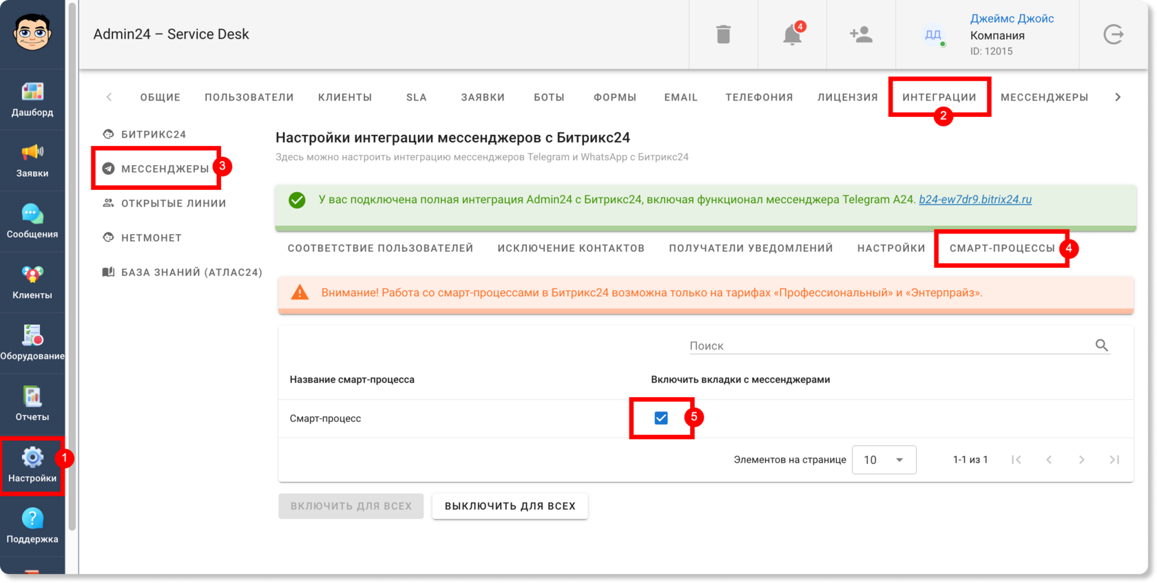 Добавлены вкладки WhatsApp.A24* и Telegram.A24 в карточку элемента смарт-процесса Битрикс24