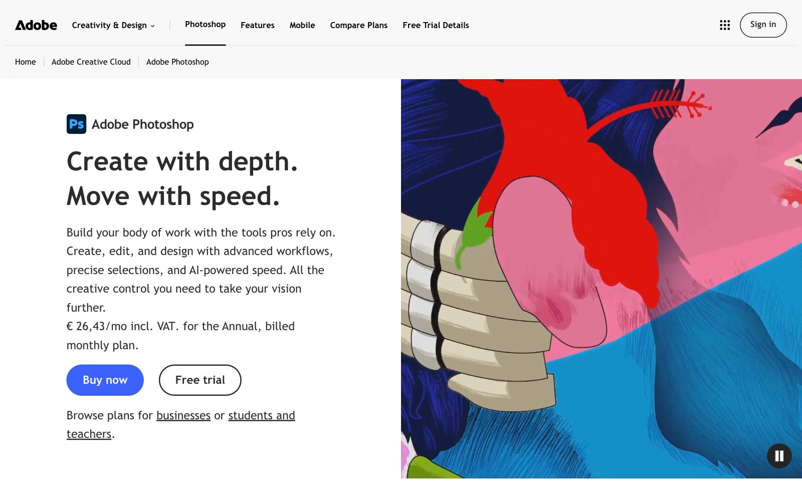 Screenshot of the Adobe Photoshop product page with the headline Create with depth. Move with speed., Buy now and Free trial buttons and a colourful illustration