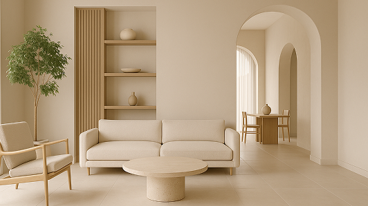 Светлый минималистичный интерьер в итальянском стиле с мягкой мебелью, арочными проёмами и натуральными материалами