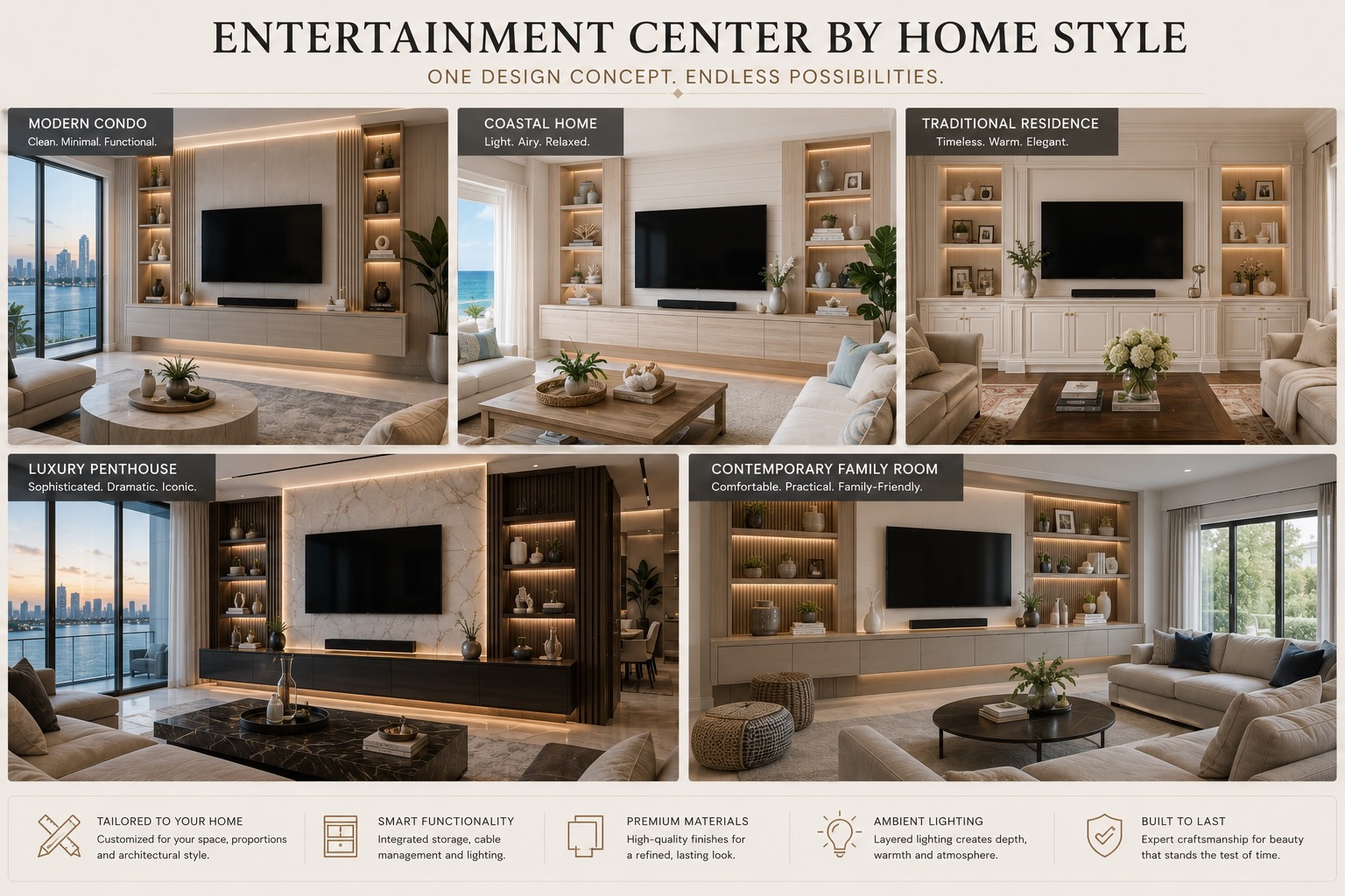 Editorial collage showing custom entertainment center designs adapted for a modern condo, coastal home, traditional residence, luxury penthouse, and contemporary family room.