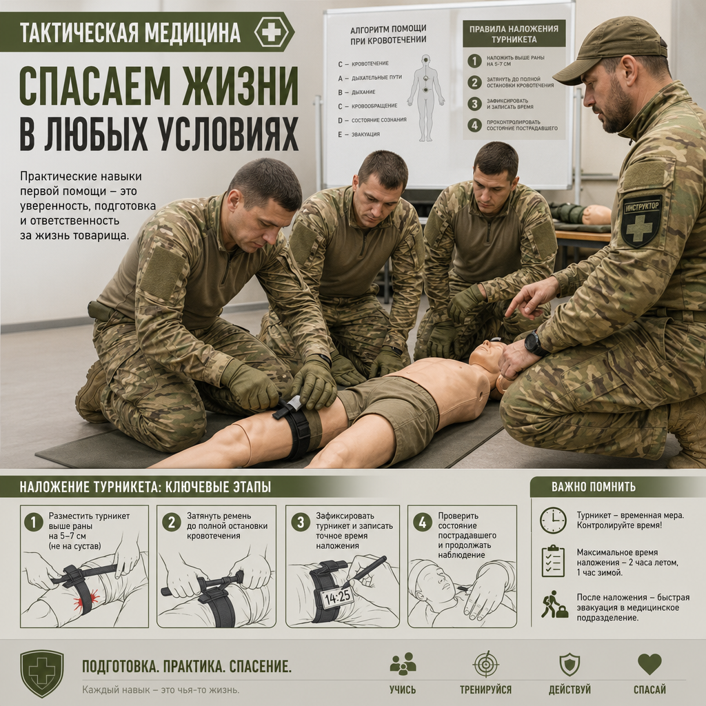 учебные занятия по тактической медицине — группа военнослужащих отрабатывает наложение турникета на манекене, инструктор в форме контролирует правильность выполнения