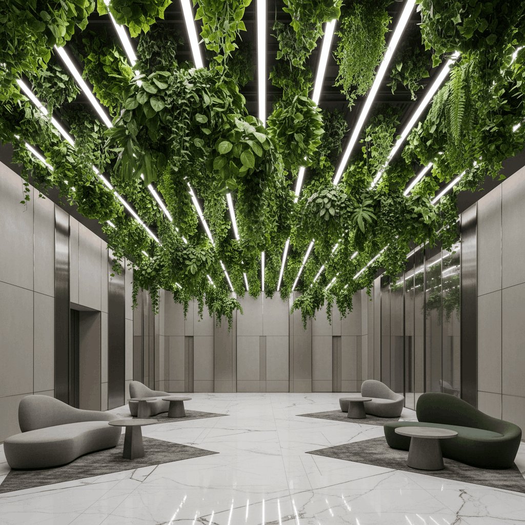 Озеленение коммерческого пространства — потолочное озеленение в холле бизнес-центра с линейной LED-подсветкой