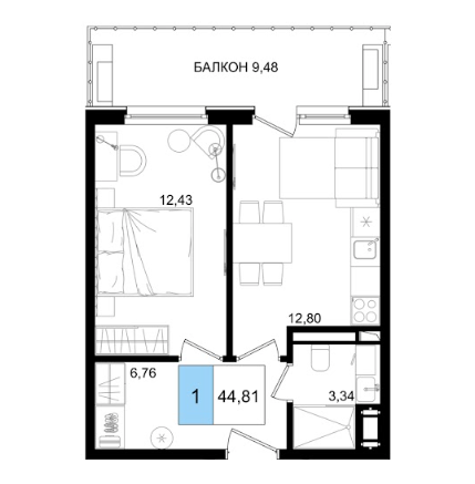 Планировка 1-комнатная 44,81 м²