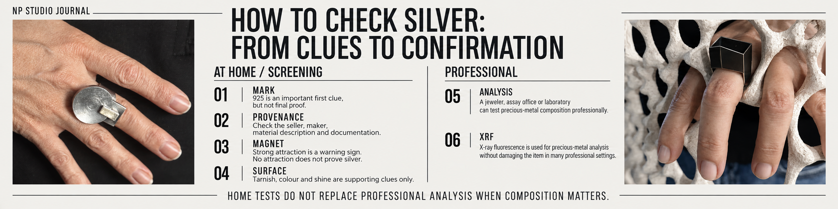 NP Studio Journal infographic showing a safe silver-checking sequence from marks and provenance to professional XRF analysis.