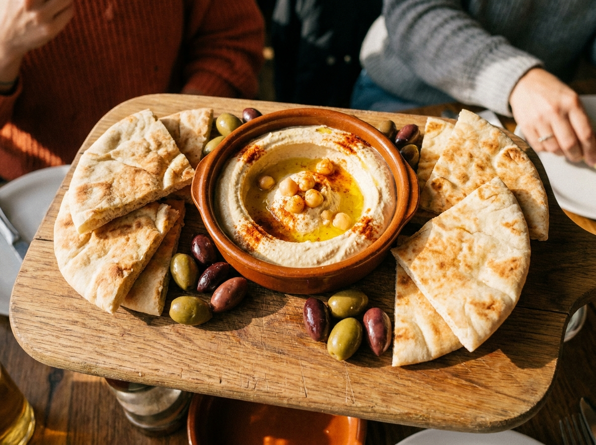 Хумус с оливковым маслом и питой: блюдо африканской и ближневосточной кухни в ресторане Ливингстон в Самаре
