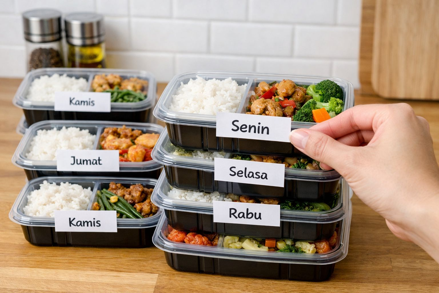 Kotak meal prep berlabel hari dalam kulkas untuk menu makan 3 sampai 4 hari agar lebih rapi dan mudah diatur