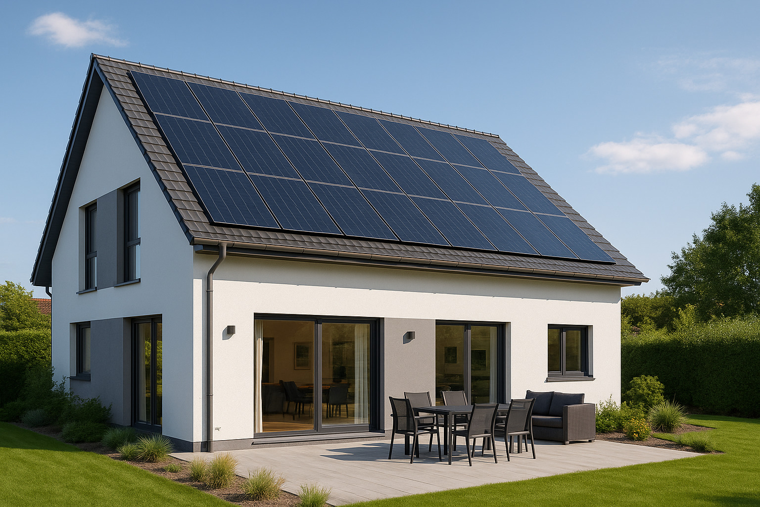 Современный частный дом с гибкими солнечными панелями CIGS на крыше