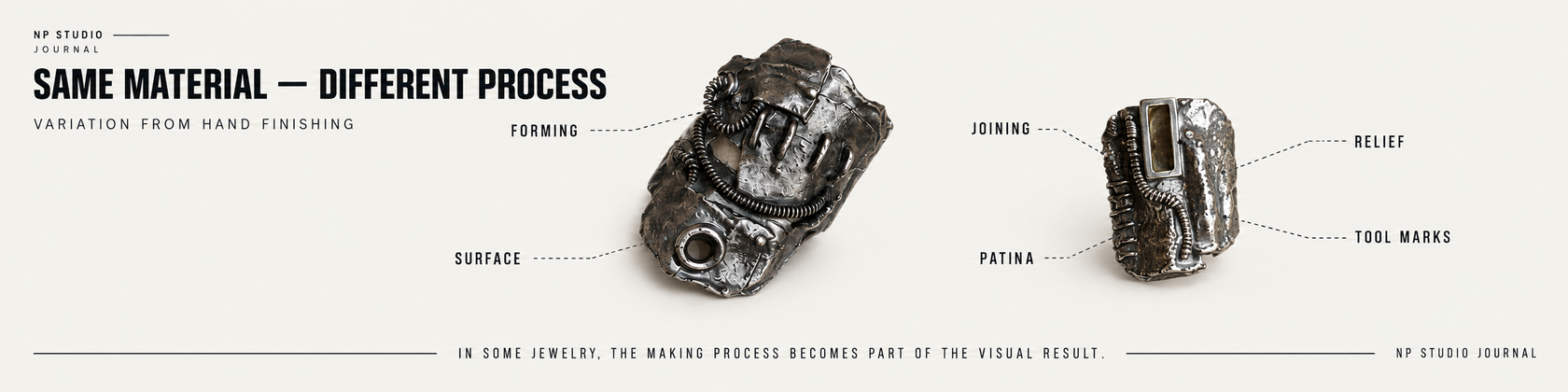 Same material, different process: forming, joining, relief, tool marks, patina and hand finishing in jewelry