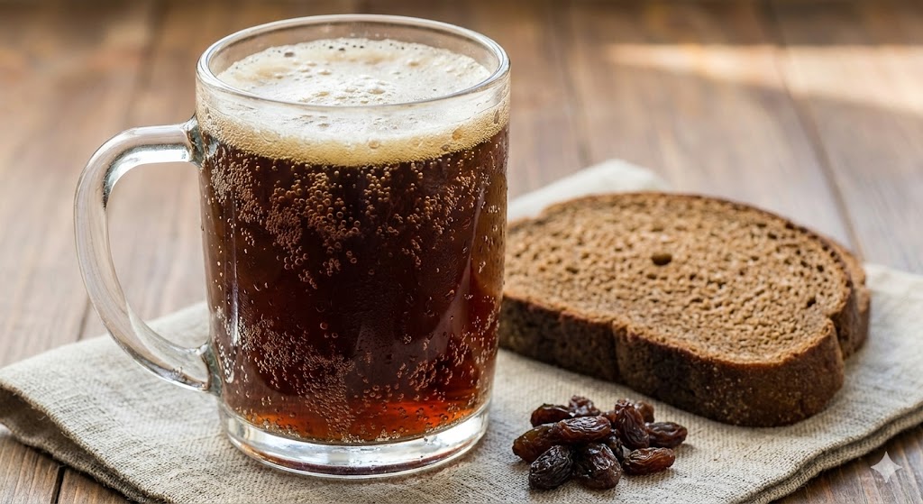 Домашний хлебный квас в стеклянной кружке с пузырьками