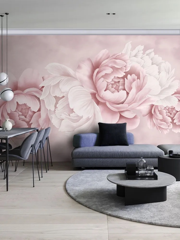 Пыльно-розовые обои с пионами в интерьере, ширина 4 метра