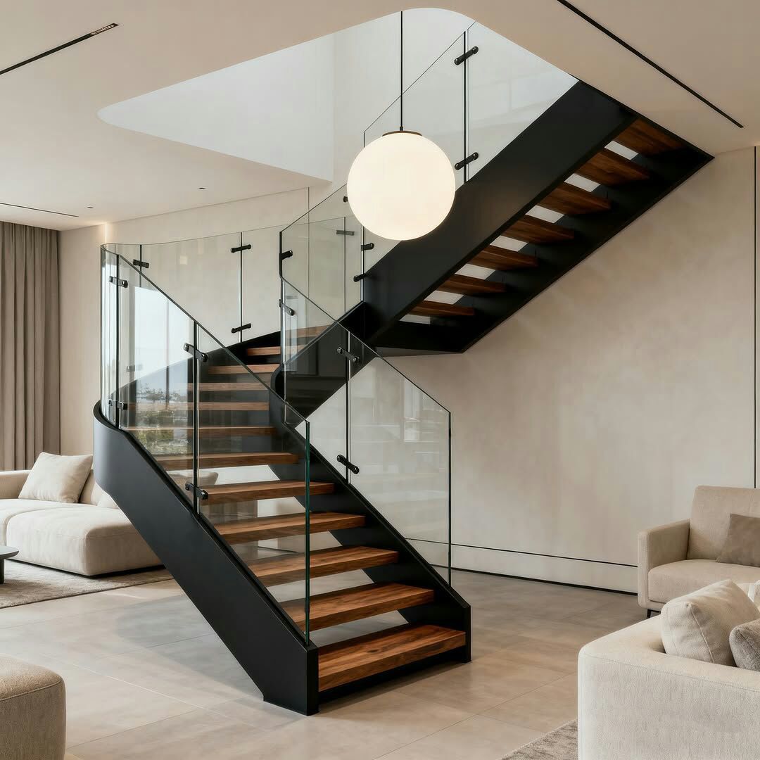 Радиусно-поворотная лестница на металлокаркасе тетивного типа