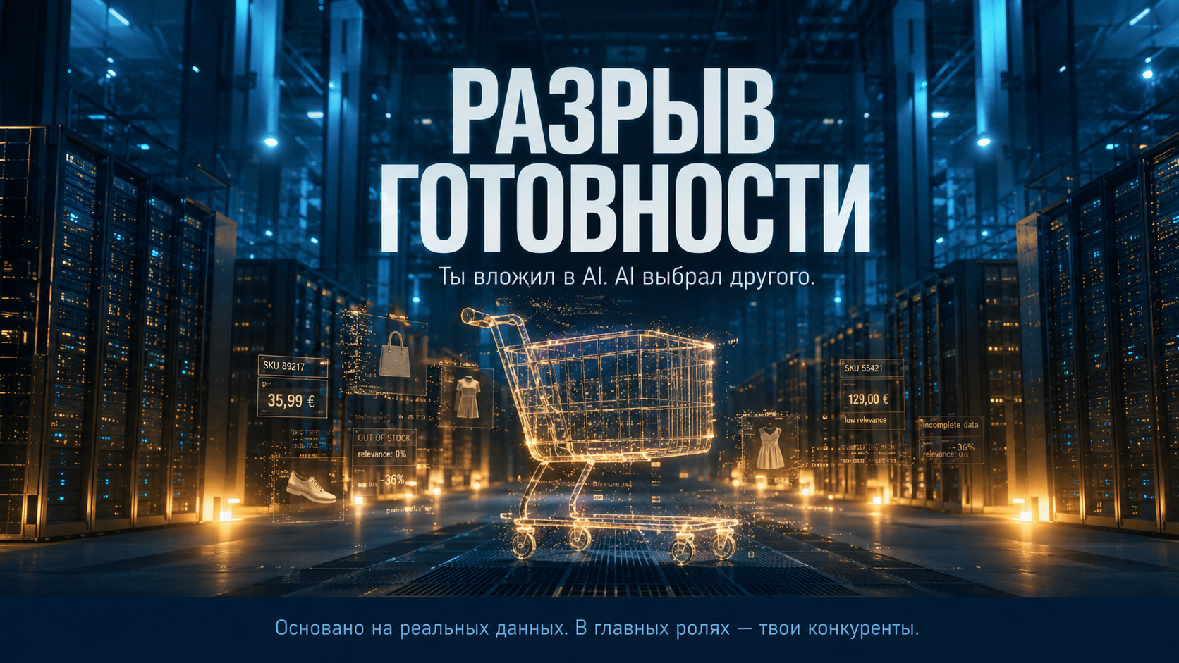 Обложка статьи Разрыв готовности — голографическая корзина с фрагментами товарных данных на фоне дата-центра иллюстрация Agentic Readiness Gap в e-commerce