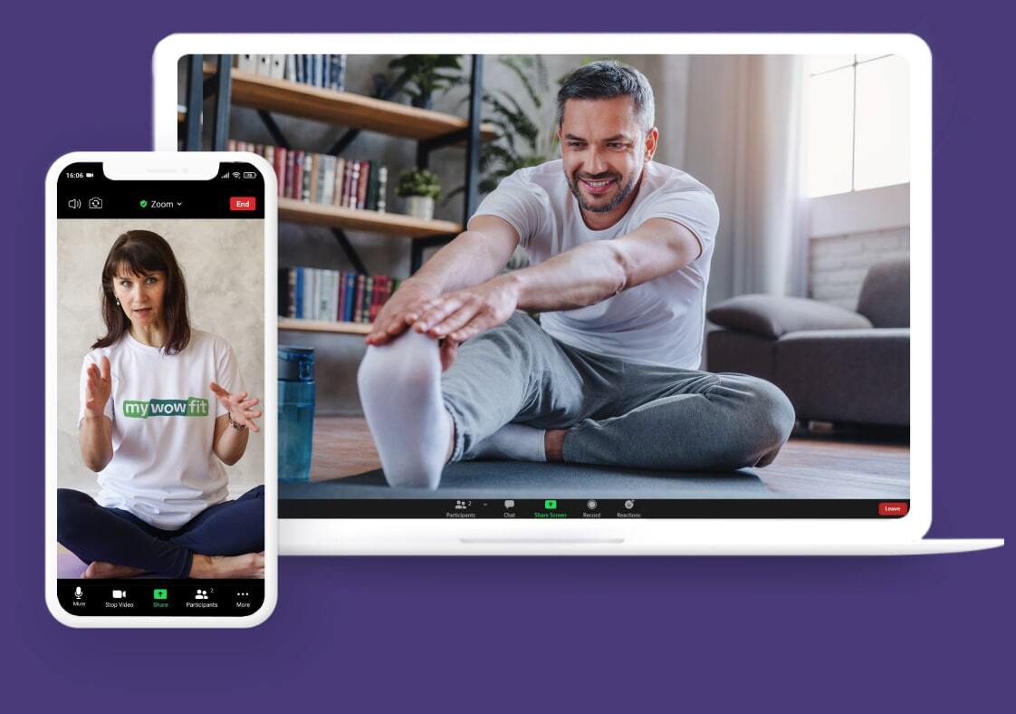 Man doing rehab exercises online with personal coach