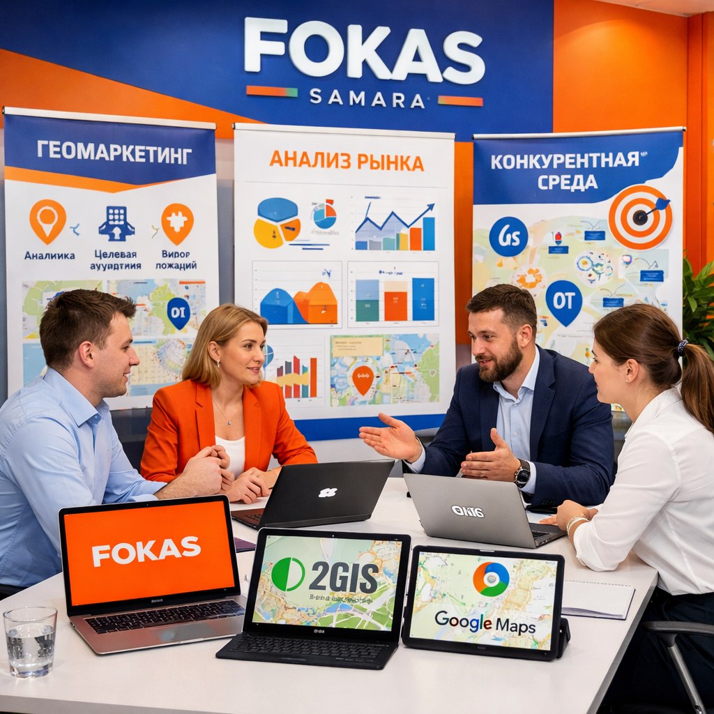 Команда FOKAS в Самаре обсуждает стратегию геомаркетинга с картами Яндекс и 2ГИС на ноутбуках