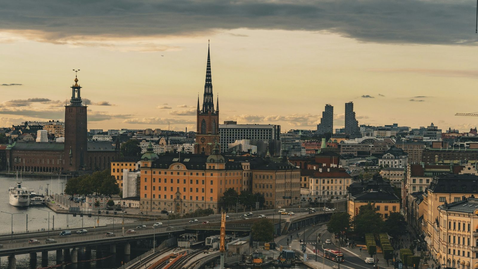Stockholm skyline at sunset with church spires and the waterfront
