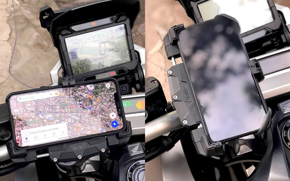 Открытый держатель GIVI S920 с телефоном в горизонтальном и вертикальном положении