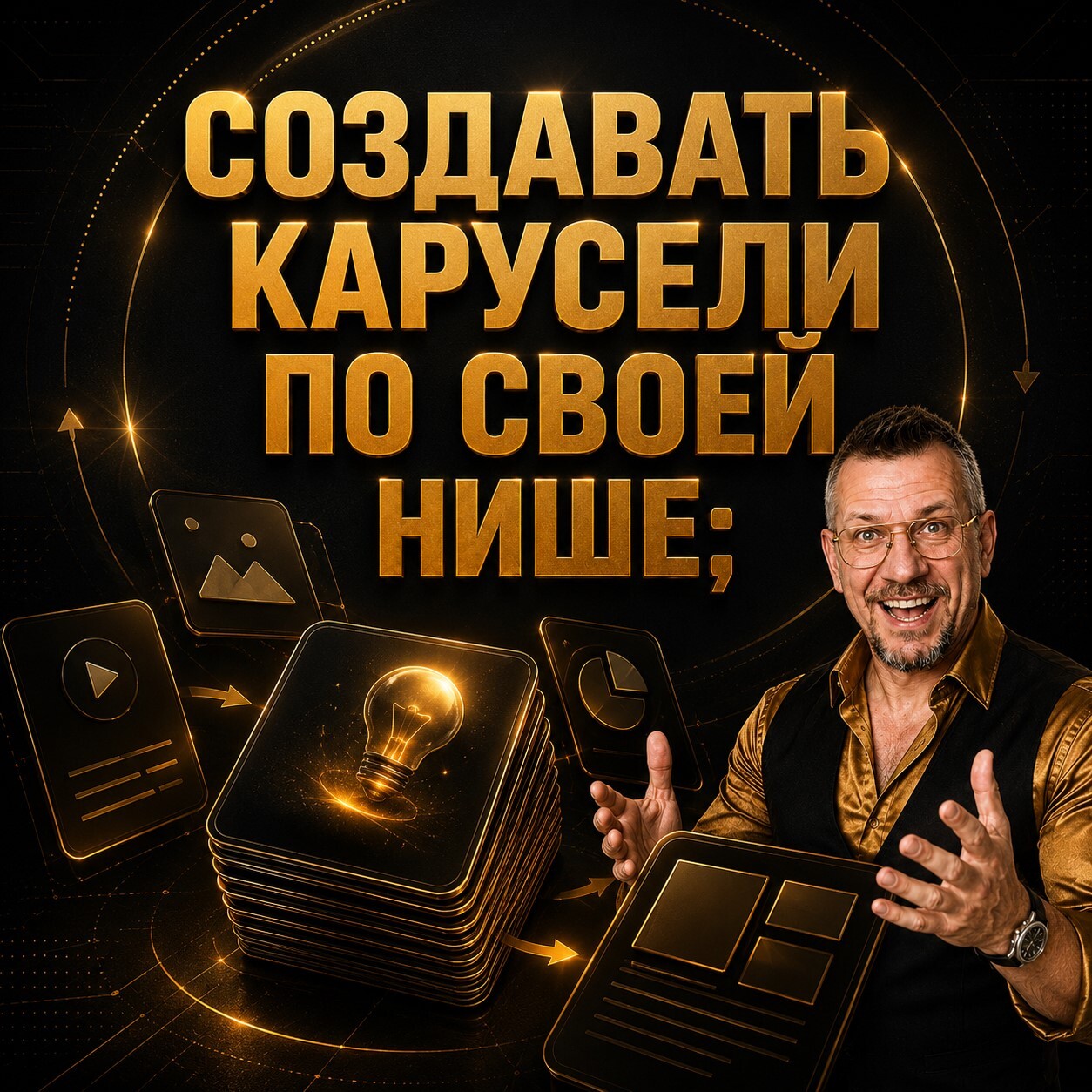 Обложка о создании каруселей по своей нише с помощью AI: эксперт показывает стопку слайдов, идеи и визуальные элементы контента.