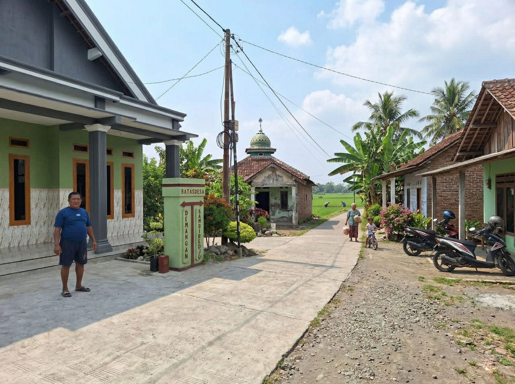 Tugu batas desa di jalan kecil perkampungan Nganjuk Jawa Timur
