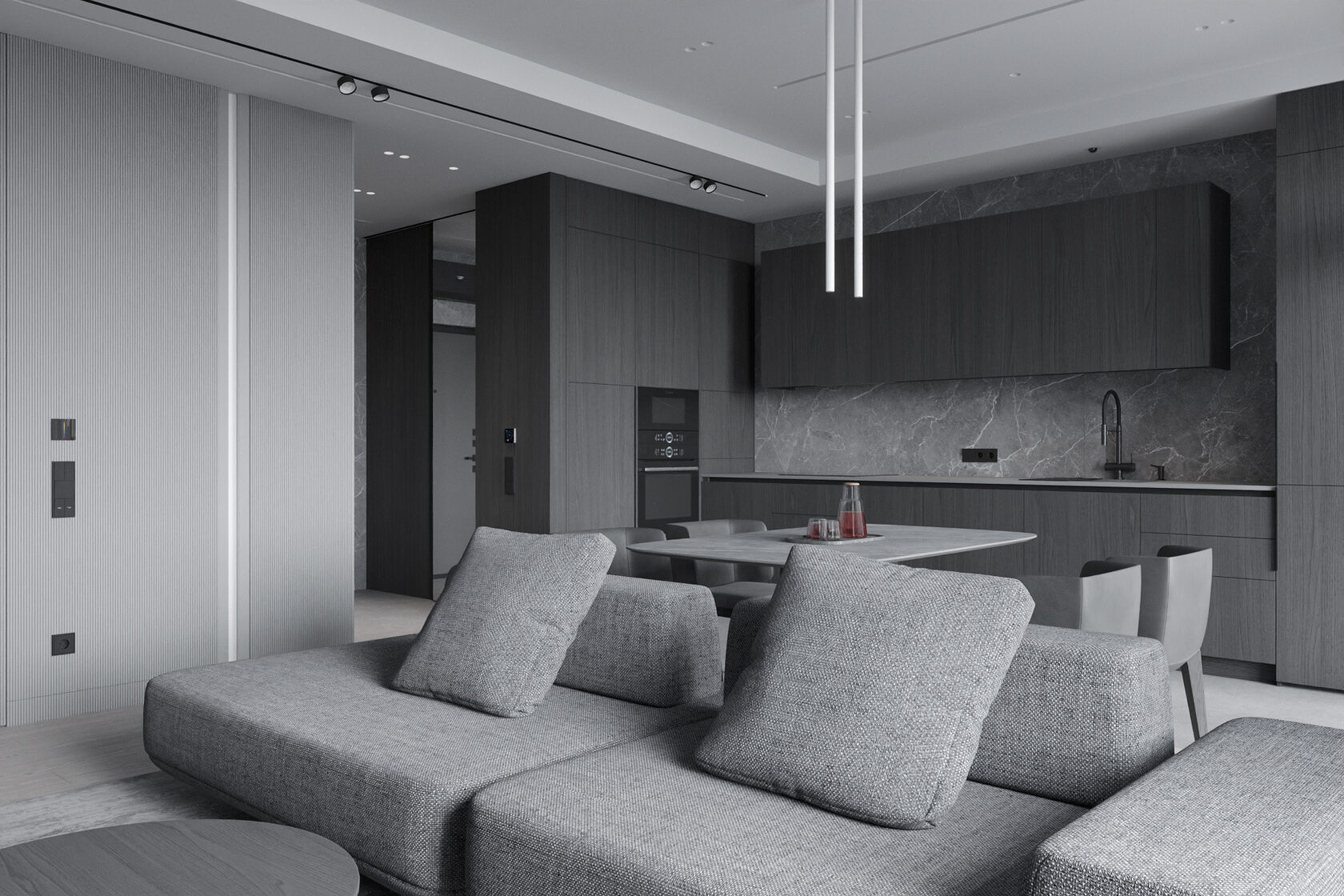 Дизайн кухни-гостиной 84 м2 в ЖК NOW Москва в стиле минимализм