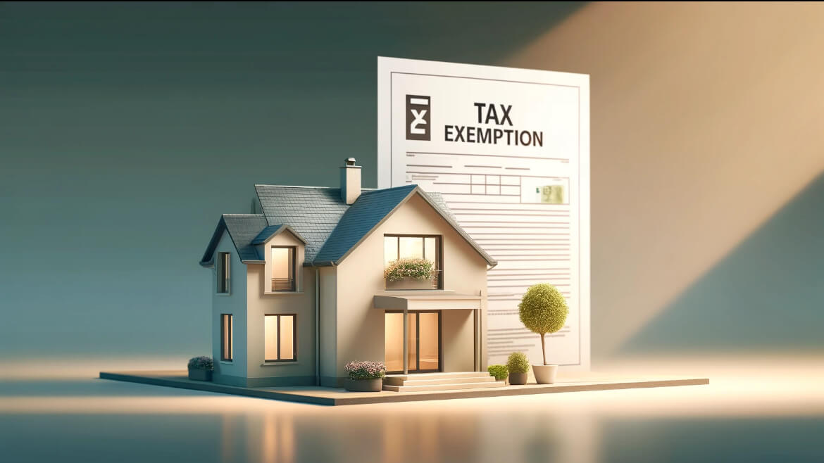 The image depicts a modern French house with a cozy atmosphere. In front of the house is a document symbolizing the approval of tax exemption. The color scheme is neutral and warm, creating a sense of stability and financial relief. The details convey a p