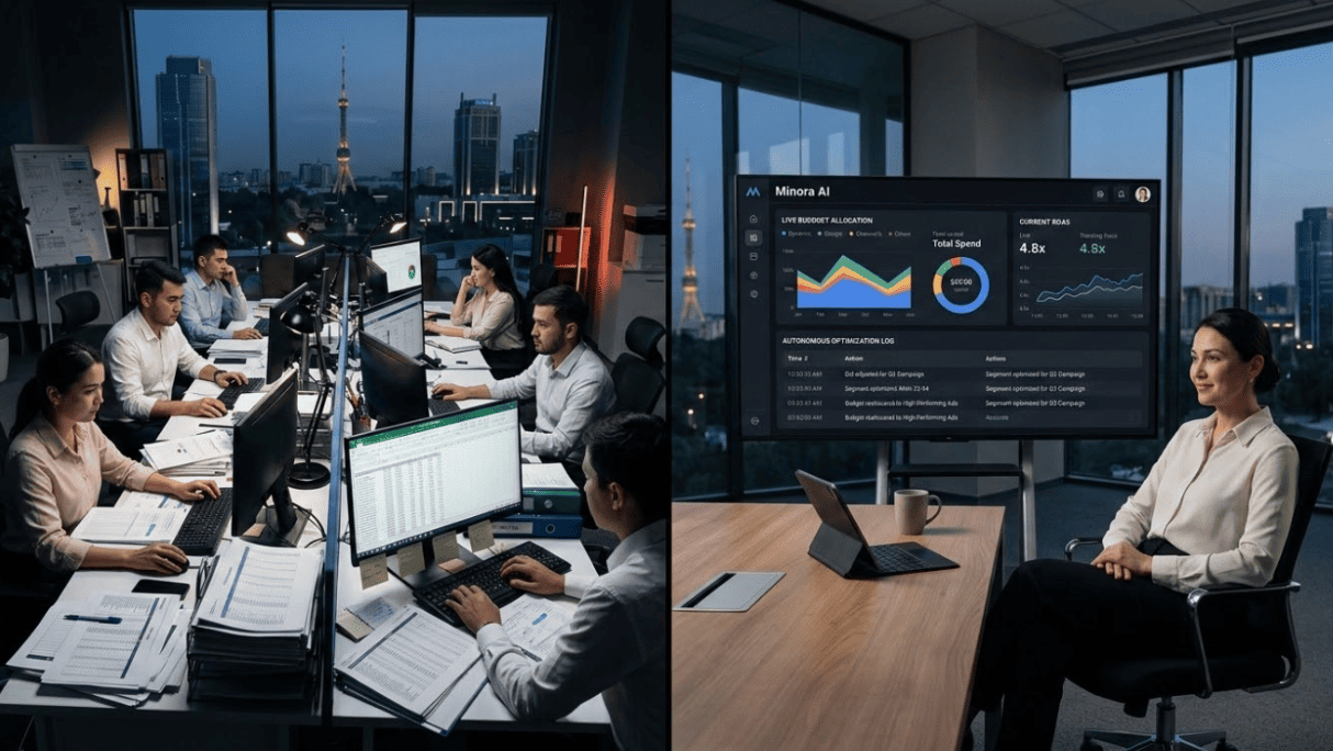 A split-view Tashkent office showing an in-house marketing team buried in manual spreadsheet work on the left versus a single CMO reviewing a Minora AI autonomous campaign dashboard with 24/7 real-time optimization on the right.
