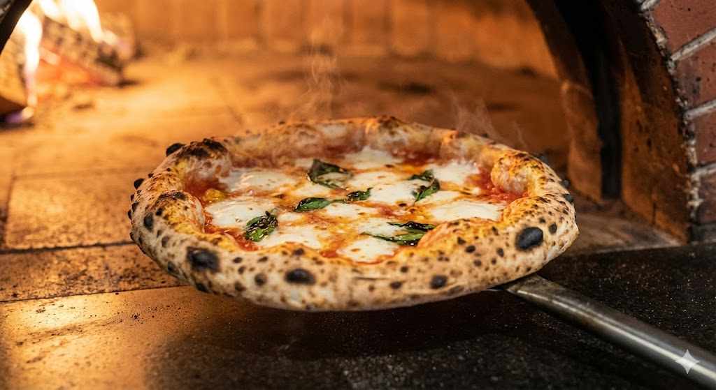 Свежеиспеченная неаполитанская пицца в дровяной печи с хрустящей корочкой