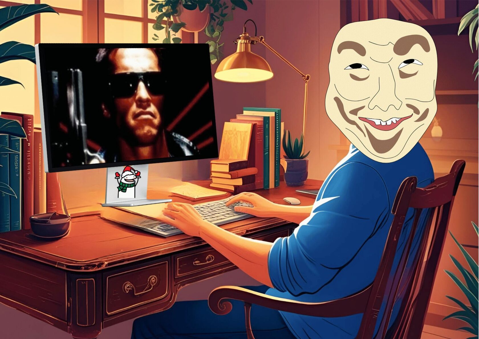 Человек в маске интернет-мема сидит за столом и смотрит на монитор с кадром из фильма «Терминатор»; уютная комната с лампой и книгами — идея изучать английский по мемам.