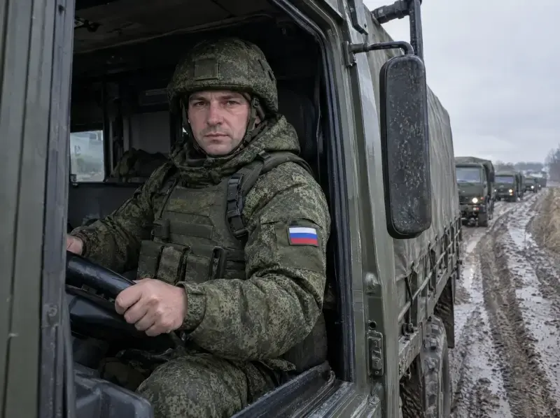 Водитель в кабине армейского грузовика на колонном маршруте