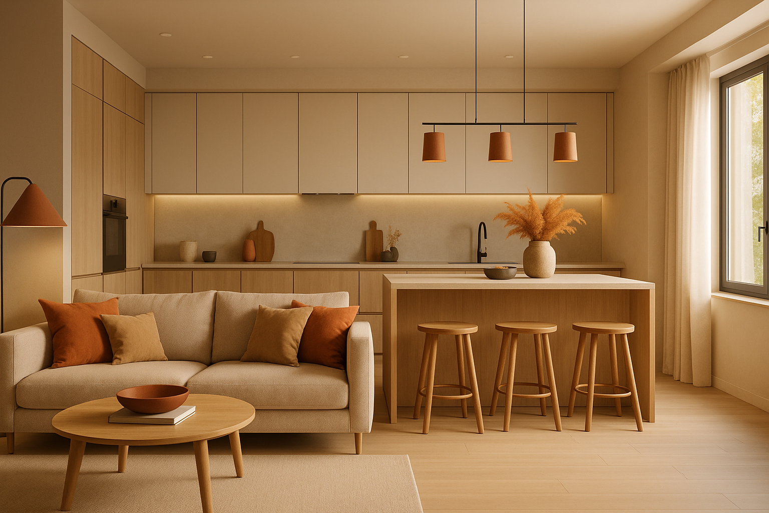 Рендер кухни-гостиной 25–28 м² с островом и диванной зоной