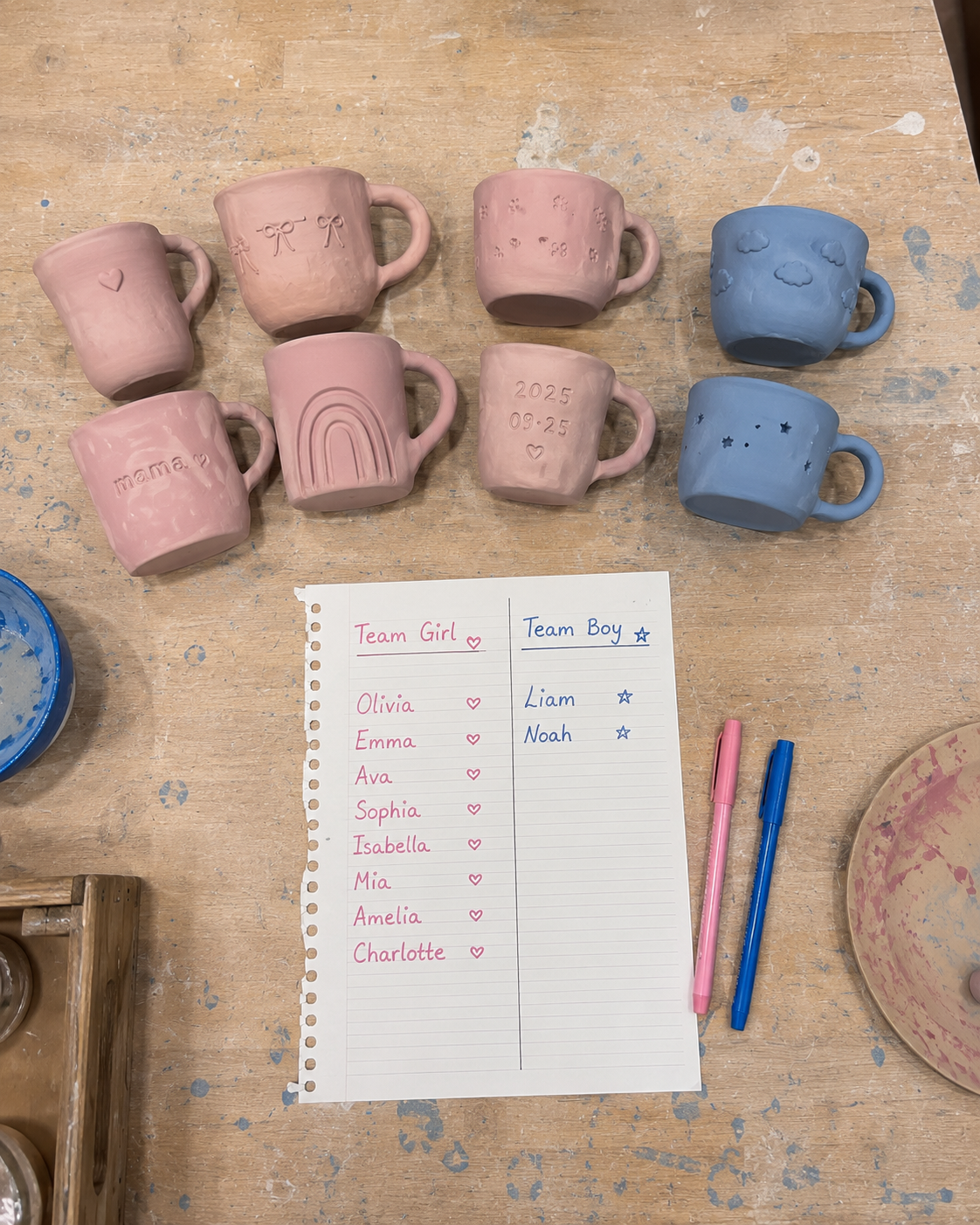 A baby gender reveal nyc celebration where everyone counts the pink and blue pottery predictions together.