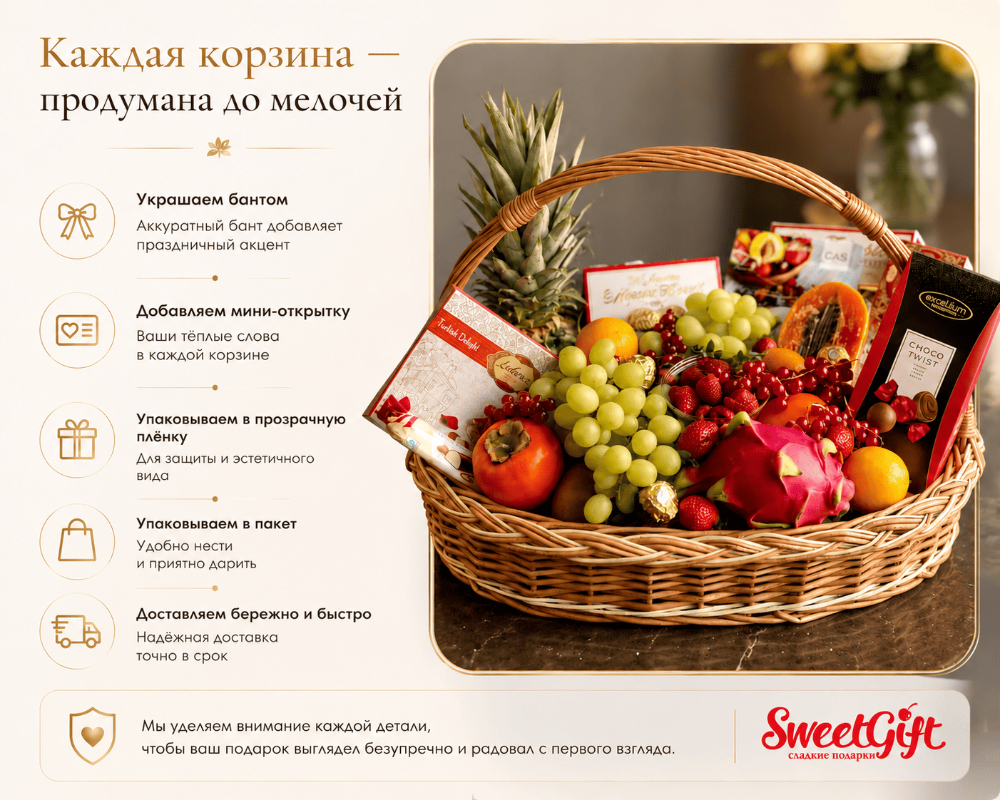 Оформление, упаковка и доставка подарочной корзины SweetGift