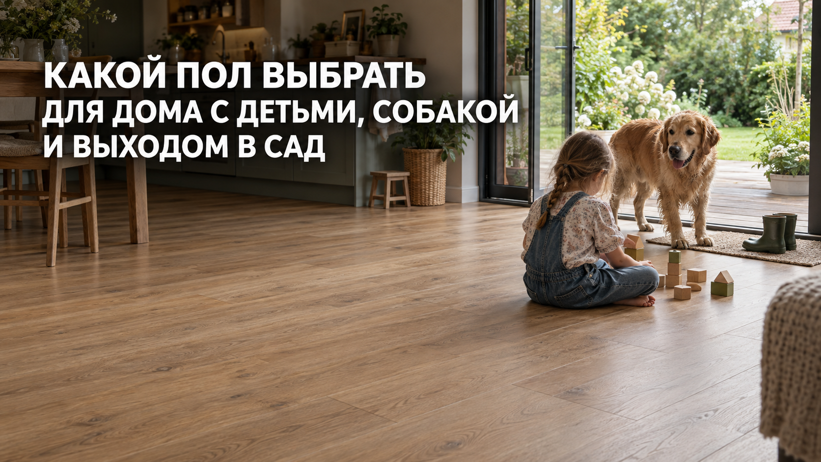 Интерьер загородного дома с практичным напольным покрытием, детьми, собакой и выходом в сад
