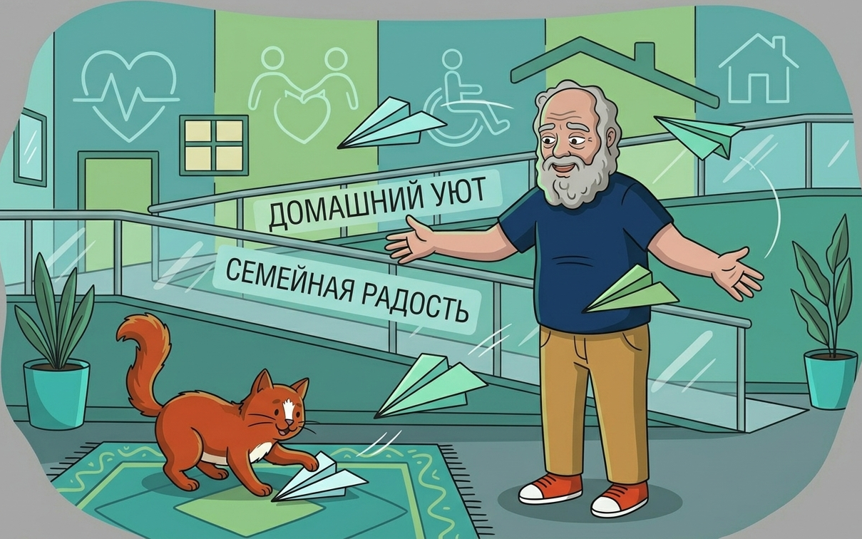 Сократ и кот Платон играют с бумажными самолетиками на фоне дома, символизируя счастье многодетных семей