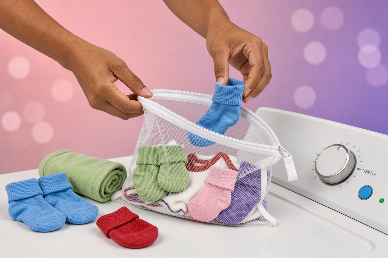 Hands placing small baby items (socks, mittens, onesies) into a mesh laundry bag beside a washing machine dial set to a gentle cycle, no visible brands