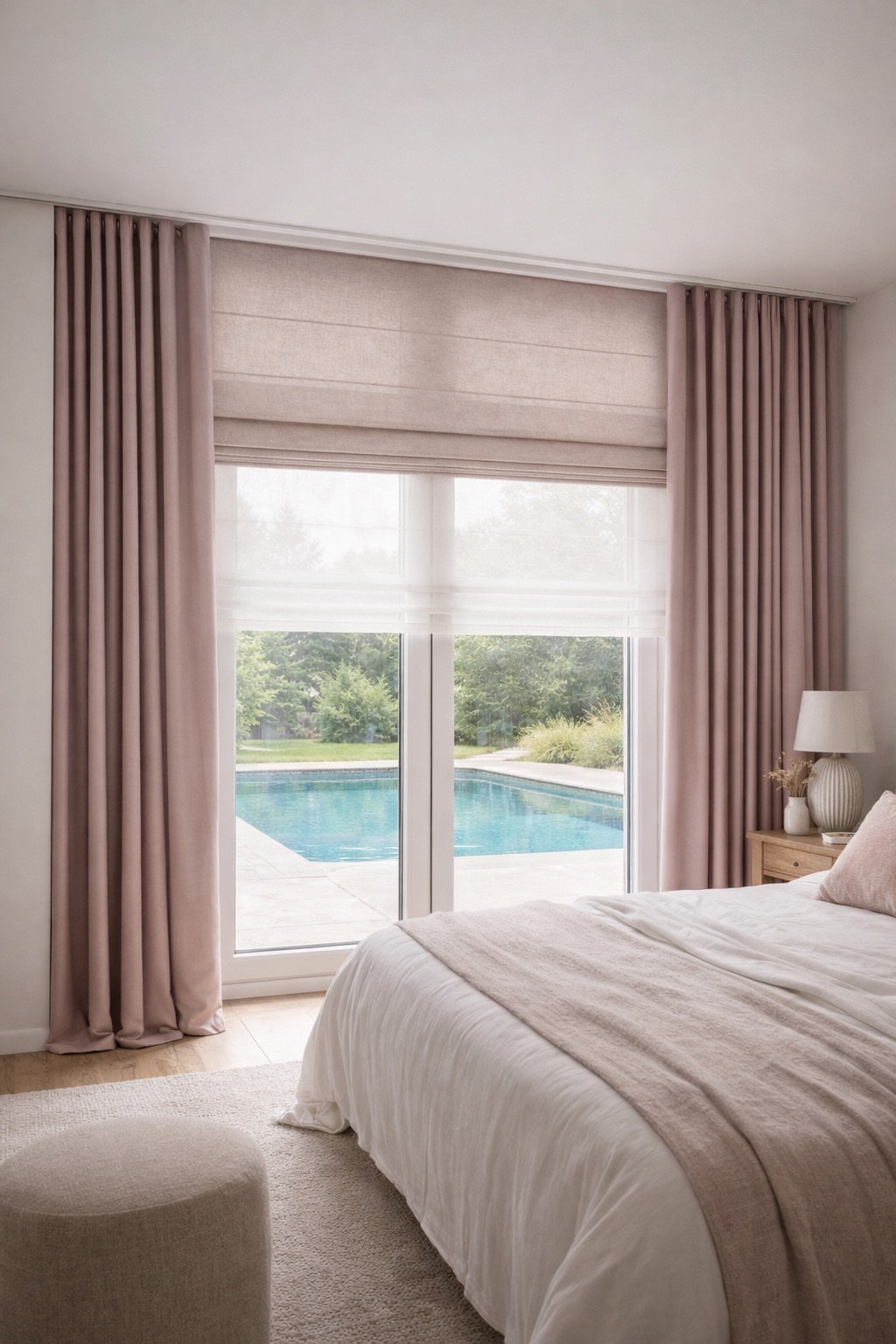 Двойная римская штора в спальне с портьерами