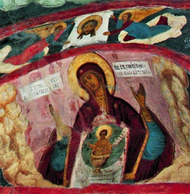 Никейская икона Божией Матери. Никейская икона Божией Матери. Роспись свода окна жертвенника ц. Благовещения Пресвятой Богородицы в Ярославле. Ок. 1709 г.