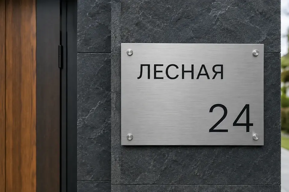 Адресная табличка ЛЕСНАЯ 24 целиком на каменном столбе — 3D-визуализация