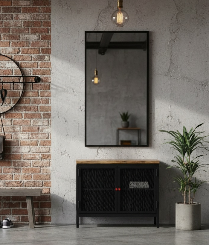 Обувница в стиле лофт в интерьере современной гостиной. Мебель для дома и квартиры.