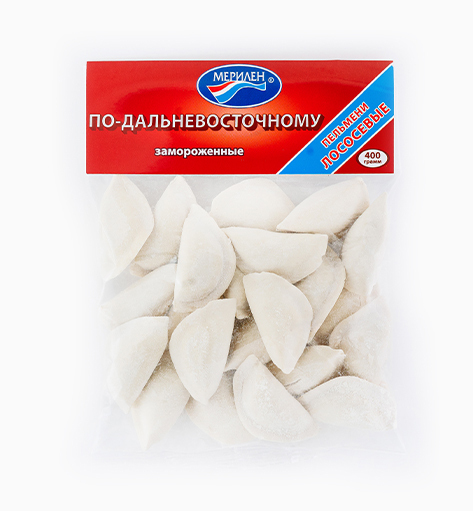 Пельмени «По-дальневосточному» от производителя Мерилен — замороженные полуфабрикаты с рыбной начинкой из филе кеты. Упаковка: 400 гр.